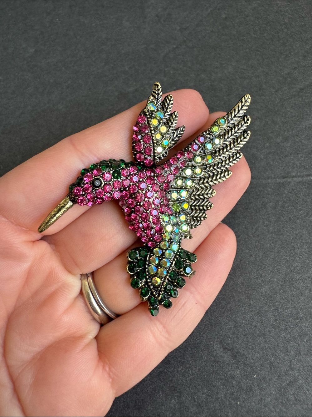 Hummingbird Brooch Pink Green Rhinestone AB Crystal Pin - Picture 5 of 7